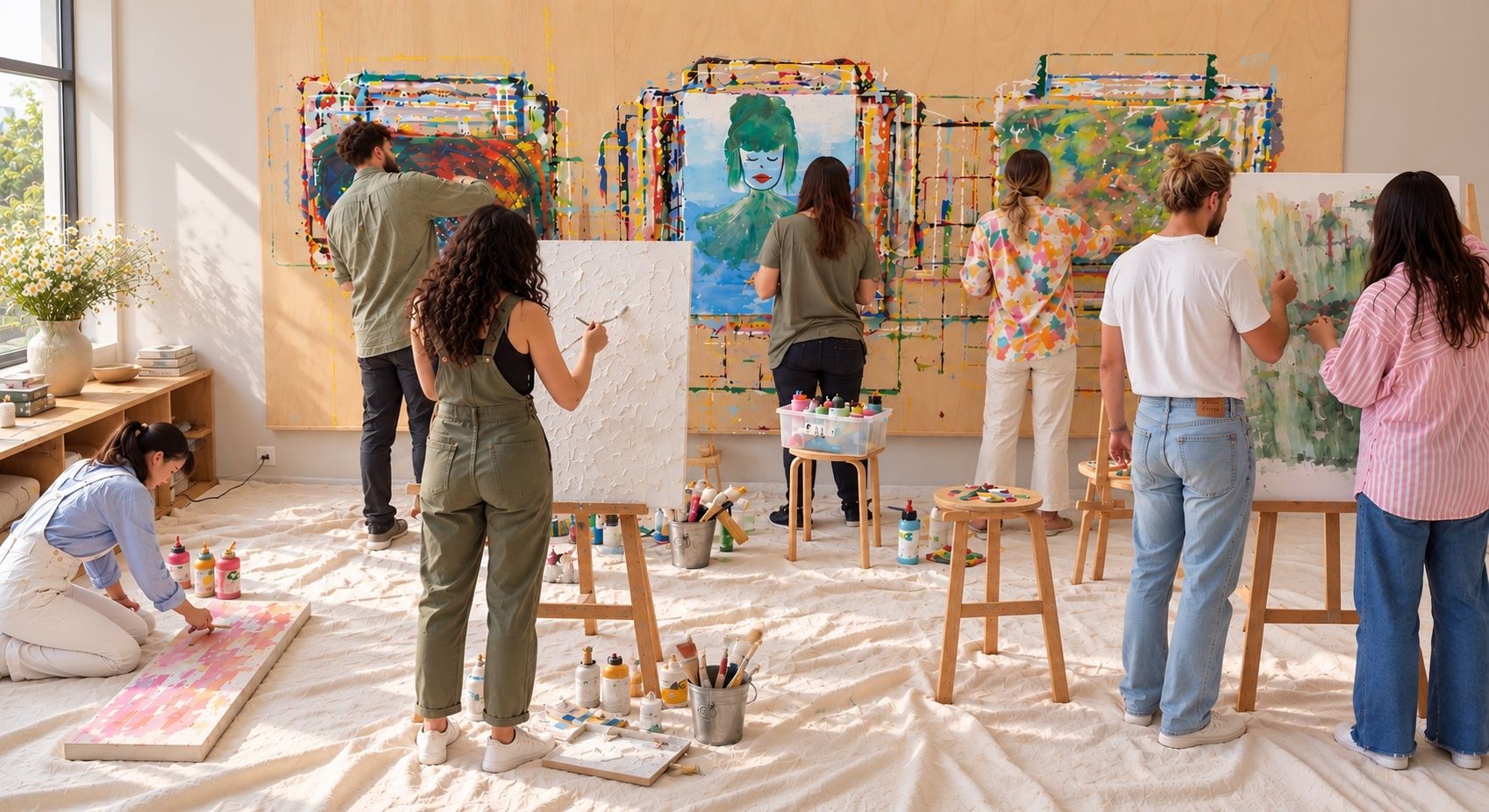 Art & Sound: Gruppe malt gemeinsam an Staffeleien im Atelier